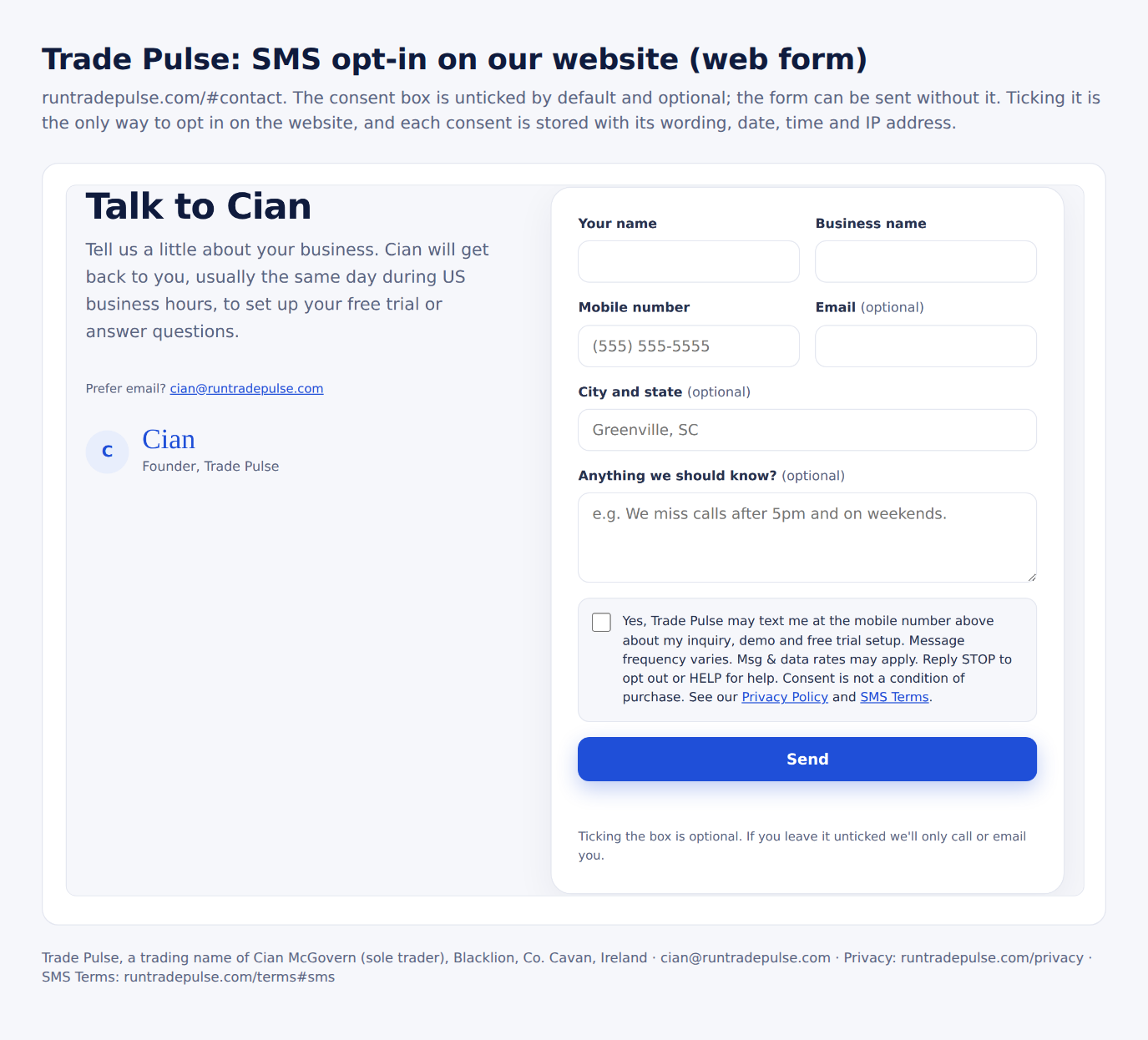 The Trade Pulse contact form with an unticked optional box: Yes, Trade Pulse may text me at the mobile number above about my inquiry, demo and free trial setup. Message frequency varies. Msg and data rates may apply. Reply STOP to opt out or HELP for help. Consent is not a condition of purchase.